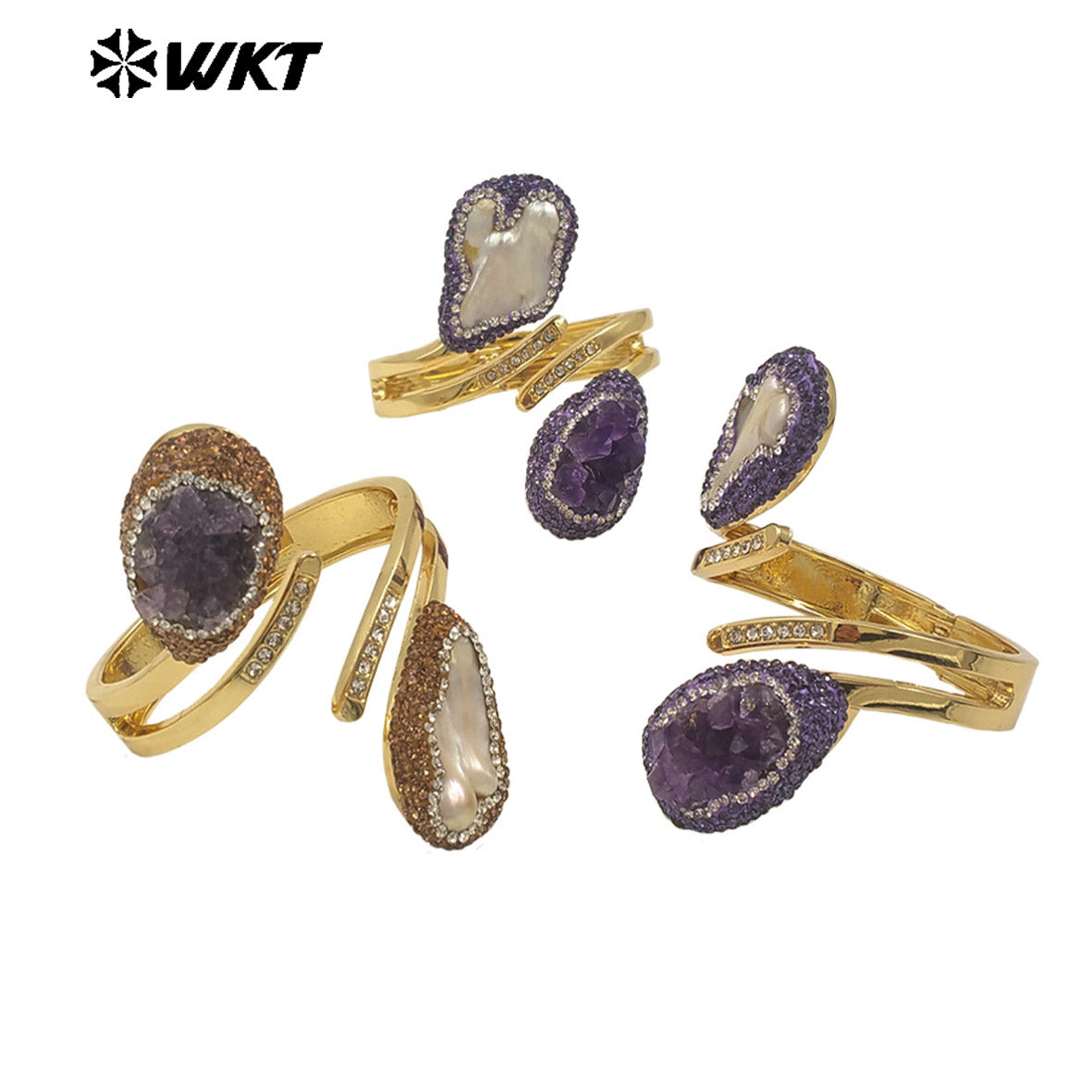 MPB126 Newest Unique Design 18K Gold Plated Natural Amethyst Stone and Pearl Bangle in Adjustable Size for Women Jewelry