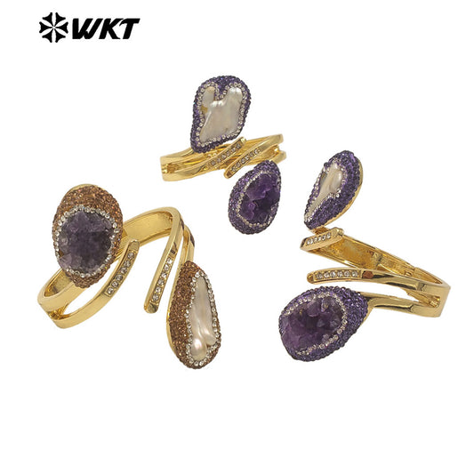 MPB126 Newest Unique Design 18K Gold Plated Natural Amethyst Stone and Pearl Bangle in Adjustable Size for Women Jewelry