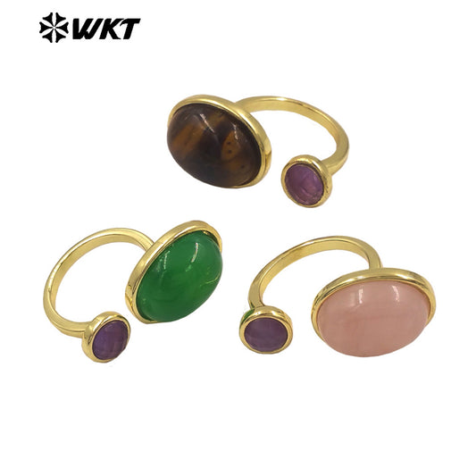 WT-R588 Wholesale Trendy Gold Electroplated Double Natural Gemstones Adjustable Rings As Lady Daily Decoration Jewelry