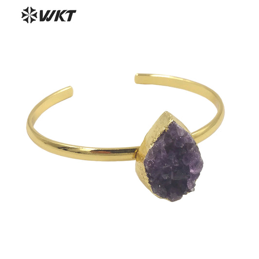 WT-B611 Druzy Amethyst Bangles French Vintage Style Yellow Brass 18k Gold Plated Bangles As Women Gift Natural Crystal Bangles