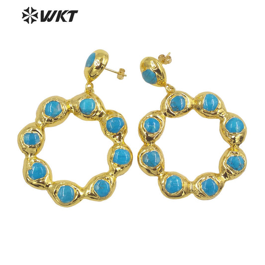WT-MPE081 Wholesale Fashion Gold Electroplated Freshwater Pearl and Stone Round Ring Earrings Big Dangle Pendant Earrings