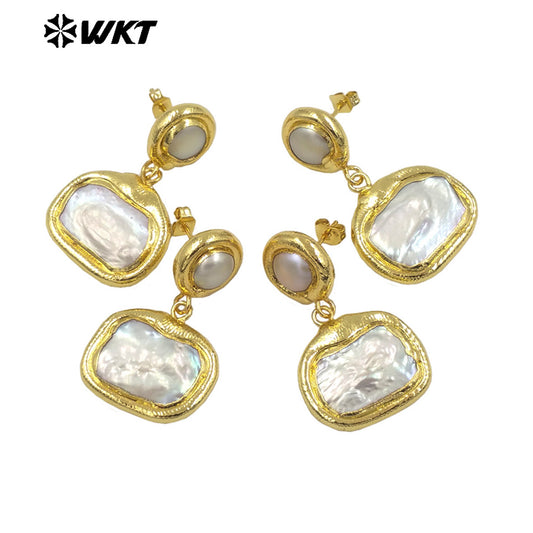 WT-MPE139 Elegant 18K Gold Plated Pearl Round Rectangular Combination Long Earrings for Women As Wedding and Anniversary Gifts