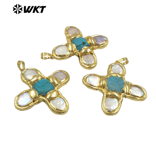 WT-JP401 Exquisite Accessory Pendant With Natural Freshwater Pearl and Turquoise Stone Cross Shape for Jewelry Handmade Gift