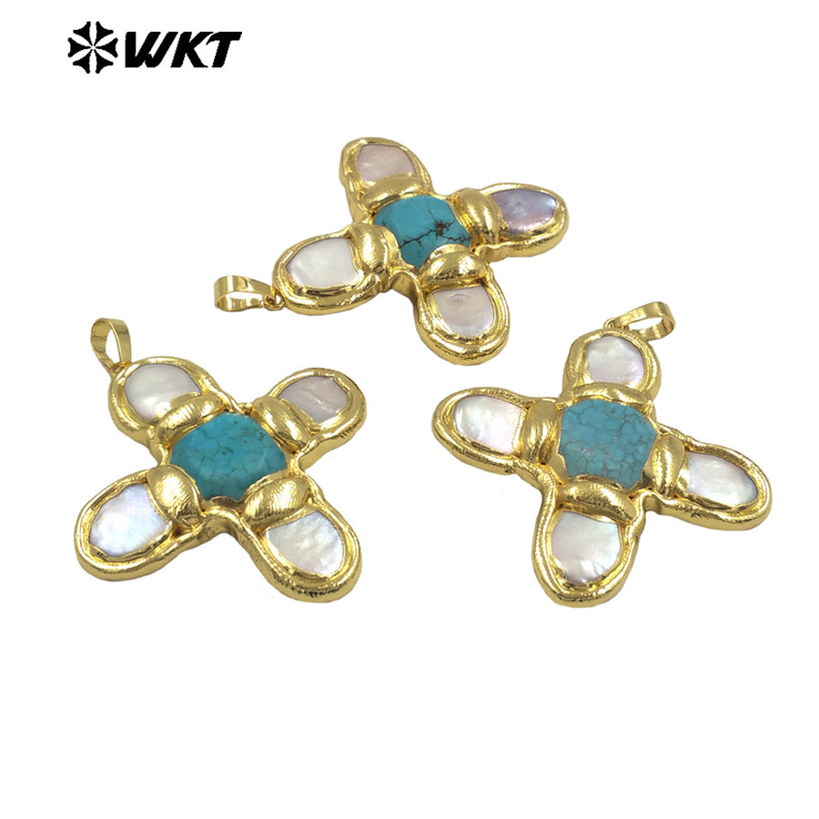 WT-JP401 Exquisite Accessory Pendant With Natural Freshwater Pearl and Turquoise Stone Cross Shape for Jewelry Handmade Gift