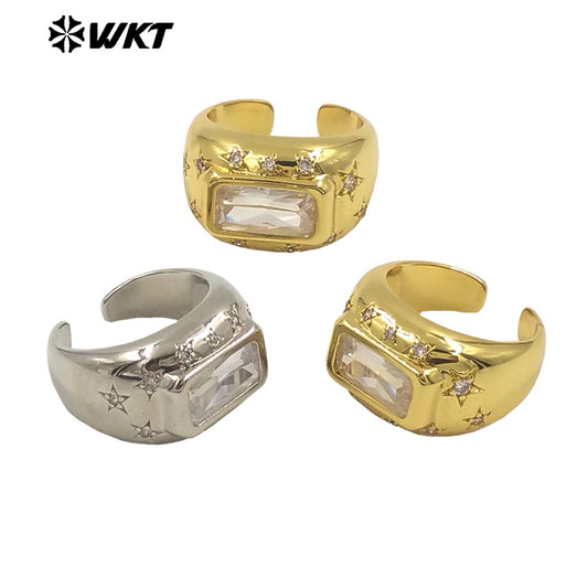 WT-MR040 Popular New Style Square Crystal 18K Gold Bezel Setting Unisex Ring for Daily Wearing