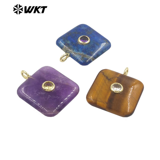 WT-P2023 Popular Sales Lapis Square Natural Gemstones And Colorful Zircon Pendant For Fashion Jewelry Necklace DIY Design