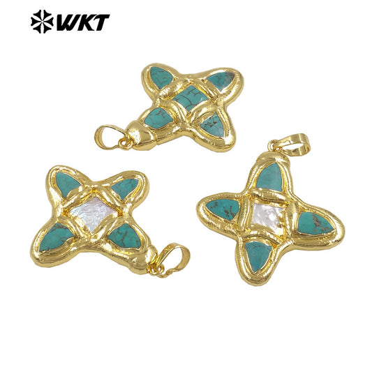 WT-P2036 Popular Sale Gold Electroplated Natural Turquoise And Pearl Pointed Cross Pendants As Handmade Necklace Accessory