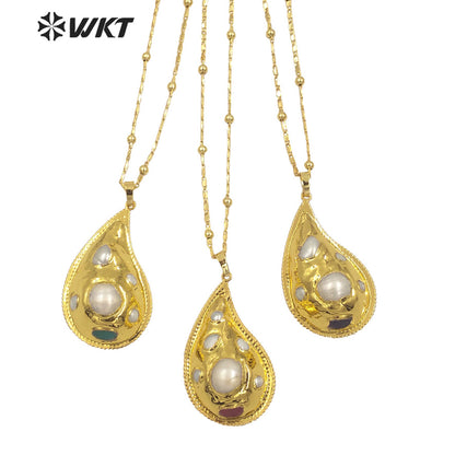 WT-JN263 New Unique Trumpet Shape Natural Freshwater Pearl and Stone Setting Handmade Pendant Necklace for Friend Gift Jewelry