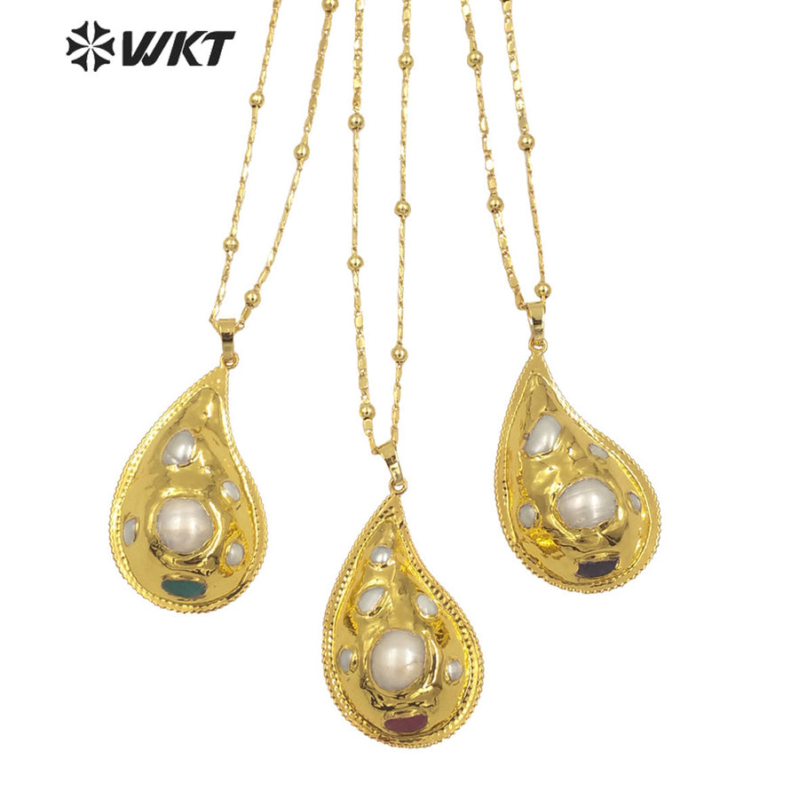 WT-JN263 New Unique Trumpet Shape Natural Freshwater Pearl and Stone Setting Handmade Pendant Necklace for Friend Gift Jewelry