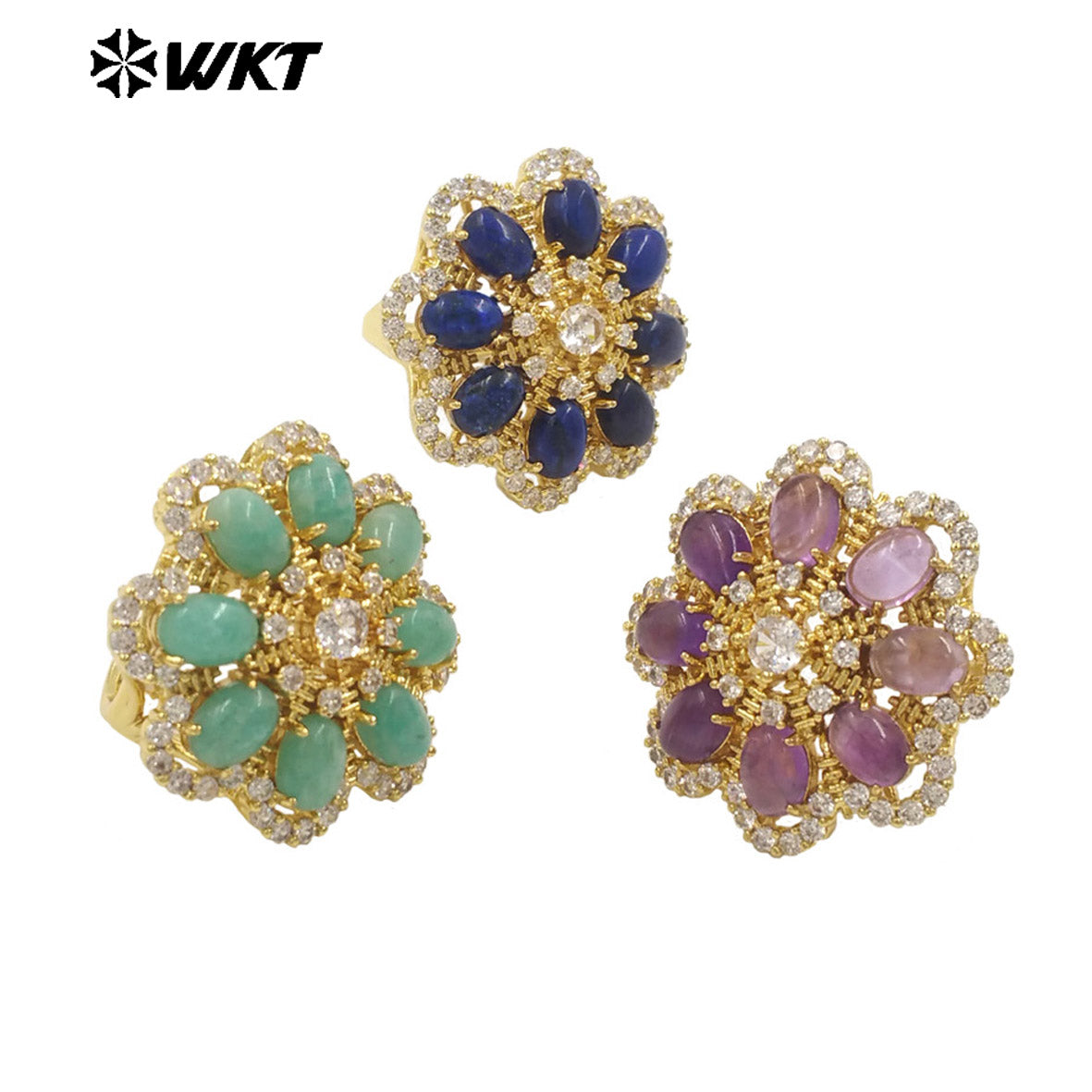 WT-R542 Wholesale Fashion Gold Micro Pave Cubic Zircon With Natural Gemstone Setting Beautiful Women Flower Ring