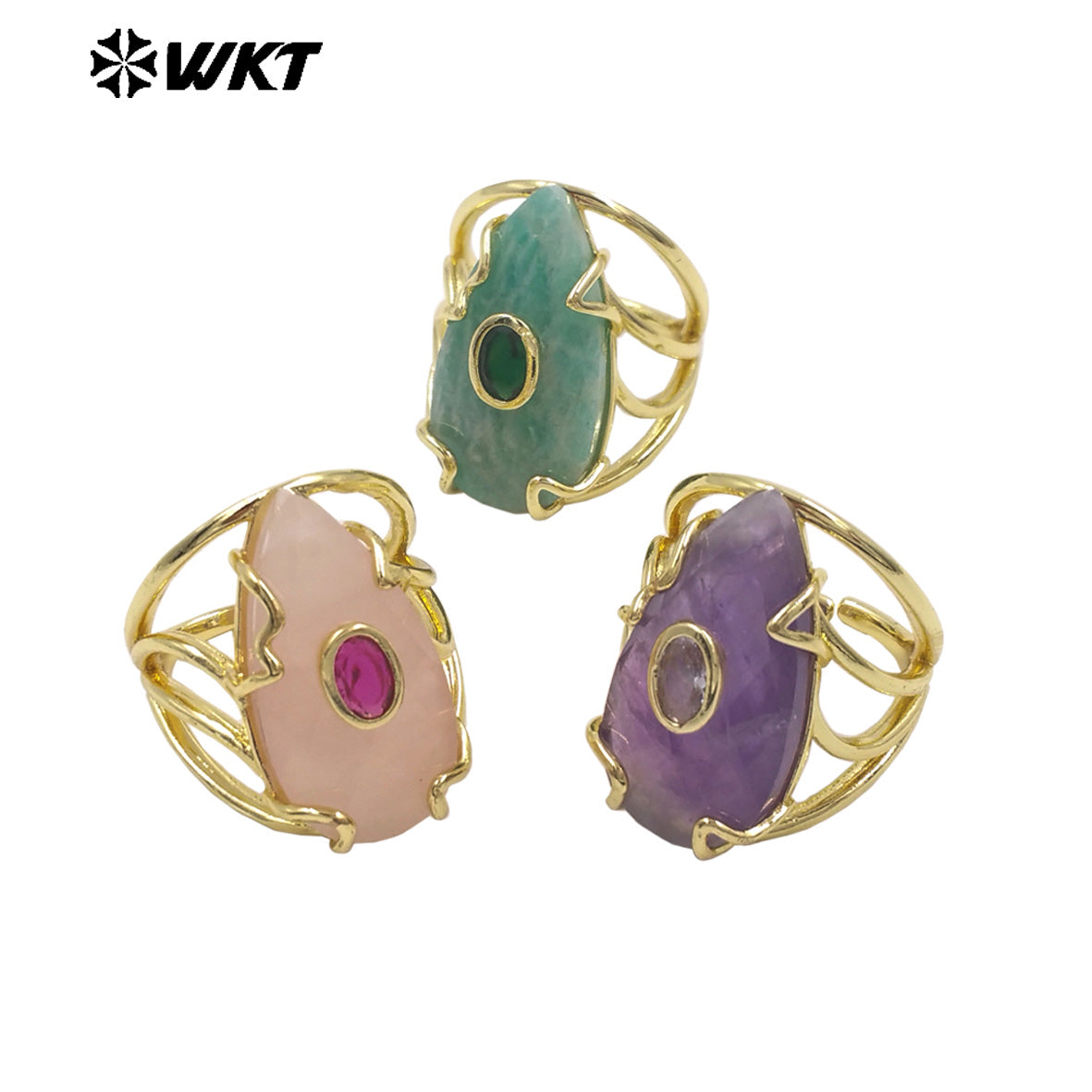 WT-R613 Wonderful Gold Plated Round Zircon And Various Natural Gemstones Waterdrop Shape Rings For Women Dance Party Matching