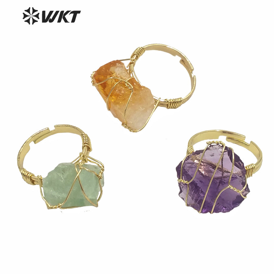 WT-R366 WKT New Design Gold Hand Make Wire Wrapped Mineral Stone Ring Women Fashion Hot Raw Quartz Fluorite Ring