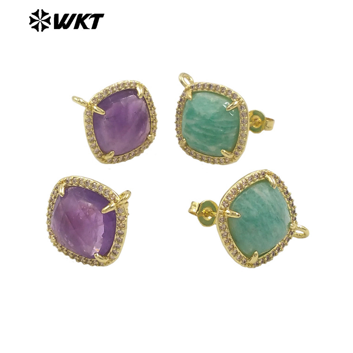 JFE120 Women Popular Fashion Gold Plated 10MM Square Natural Gemstone Amazonite Earring Studs With Hoop for DIY