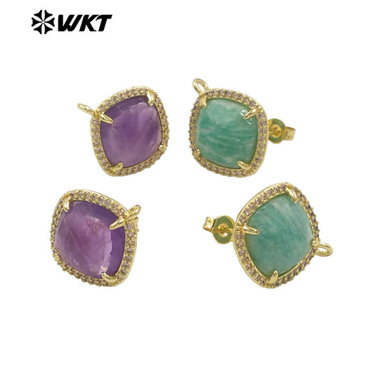 JFE120 Women Popular Fashion Gold Plated 10MM Square Natural Gemstone Amazonite Earring Studs With Hoop for DIY