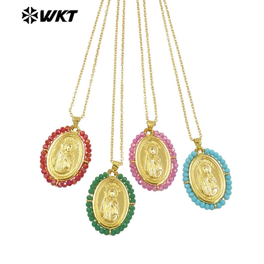 WT-MN989 Women Handmade Crystal Wire Wrapped Oval Shape 18K Gold Plated Miraculous Medal Necklace for Spring