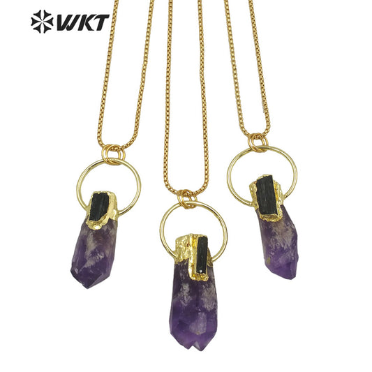 WT-N1266 Gorgeous New Big Amethyst Point Energy Stone Necklace Lady Lucky Stone Necklace With Gold Plated in 18 Inch Long