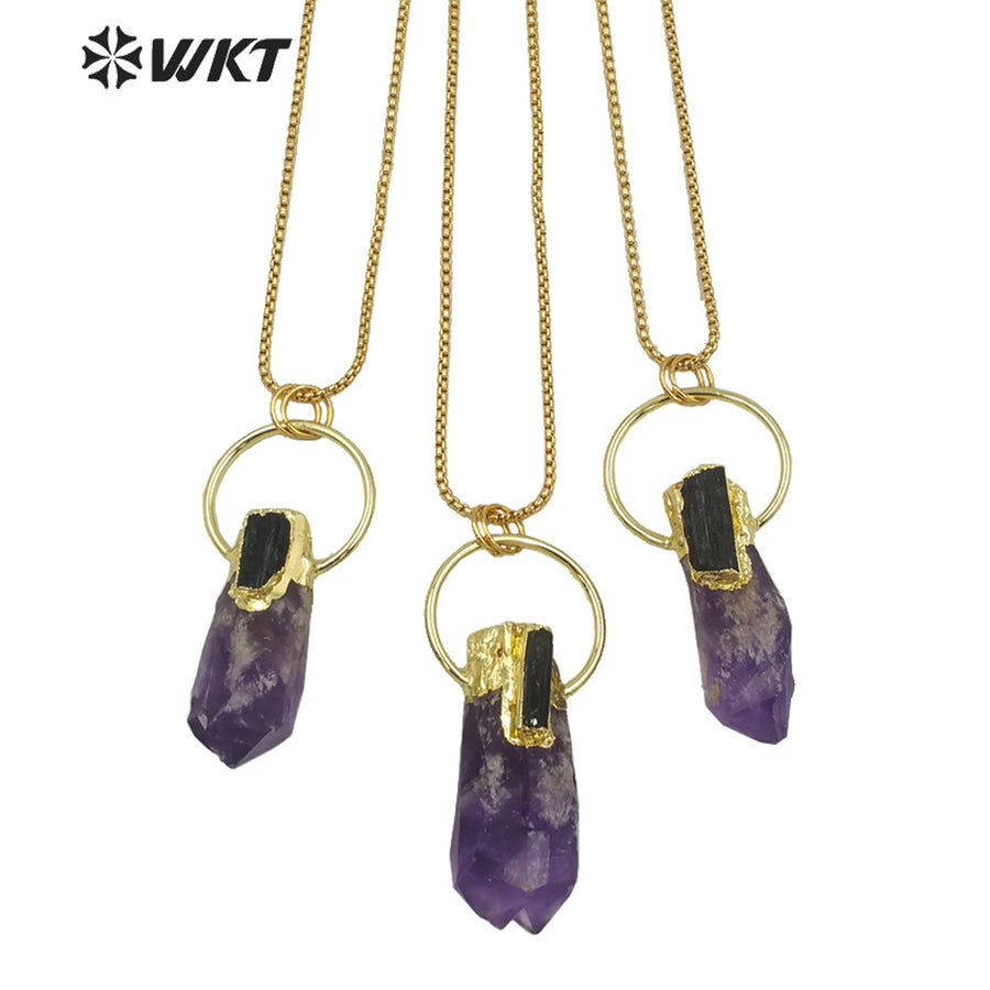WT-N1266 Gorgeous New Big Amethyst Point Energy Stone Necklace Lady Lucky Stone Necklace With Gold Plated in 18 Inch Long