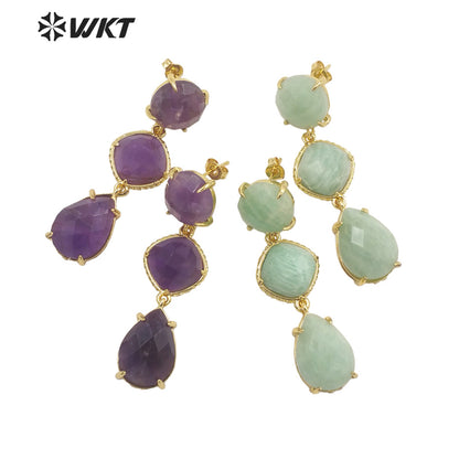 WT-E689 Wholesale Fashion Triple Stone Long Dangle Earrings Gorgeous Lady Prong Setting Natural Gemstone Birthday Stone Earrings