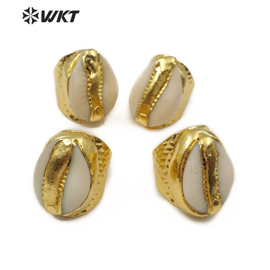 WT-R333 Wholesale Bohemian Style Cowrie Ring for Women Jewelry in 18K Gold Plated Adjustable Natural Cowrie Shell Ring