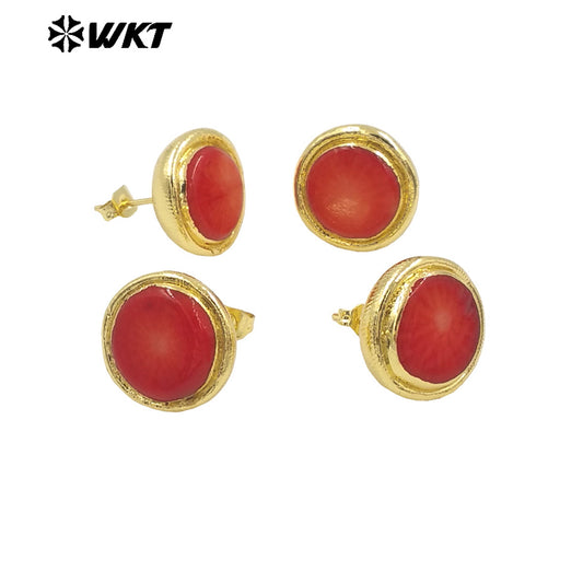 WT-MPE138 2024 Latest Models Cute Stylish 18K Gold Plated Natural Brass Red Coral Round Earrings for Women As Birthday Gifts