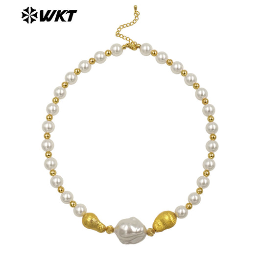 WT-JN292 High Quality Large White and Small Gold Beads Irregular Pearl Necklace Finished Jewelry for Girlfriend As Surprise Gift