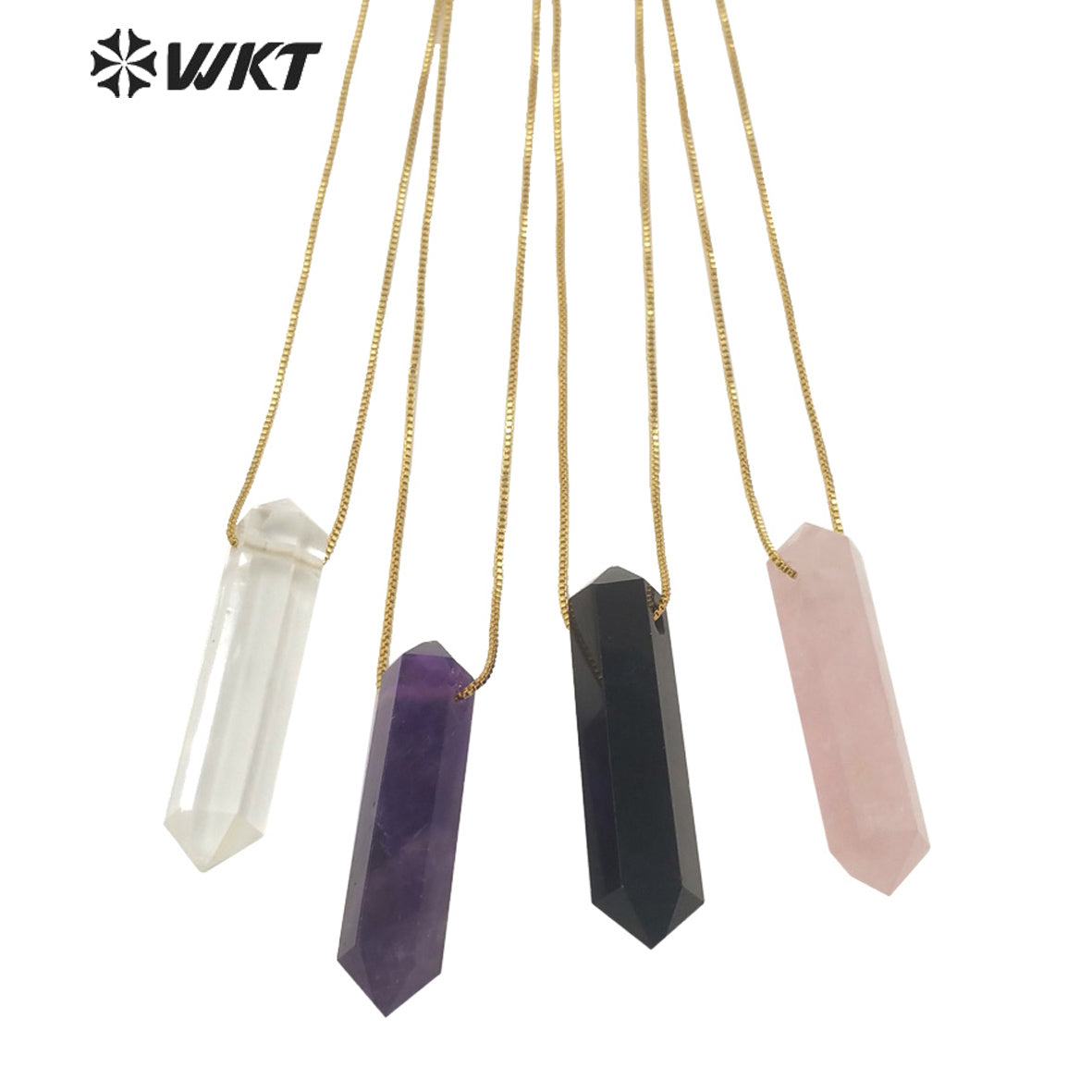 WT-N1306 New Fashion Gold Adjustable Chain Thread Simple Elegant Rose Quartz Point Necklace Natural Double Point Quartz Necklace