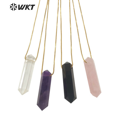 WT-N1306 New Fashion Gold Adjustable Chain Thread Simple Elegant Rose Quartz Point Necklace Natural Double Point Quartz Necklace