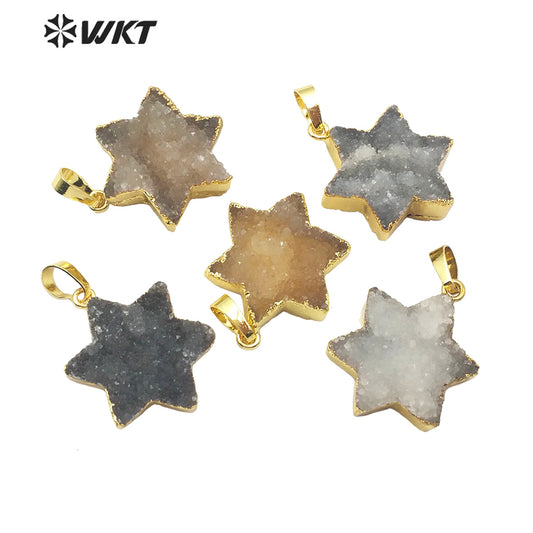 WT-P1508 Bohemian Natural Hexagonal Druzy Quartz Pendant Gold Plated Women Fashion Elegant Charm Jewelry Druzy Crystal Pendant
