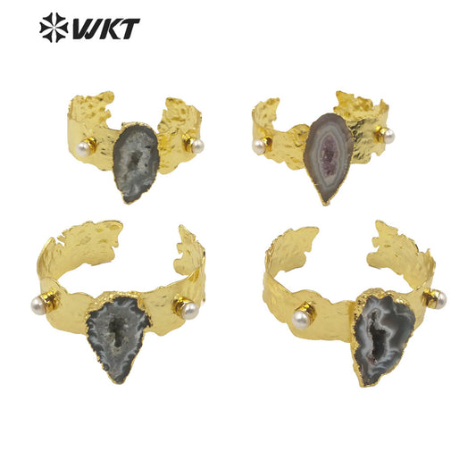 WT-B514 Gorgeous Fashion Gold Plated Natural Stone Bracelet Bangle Supper Chic Geode Agate Bangle for Women