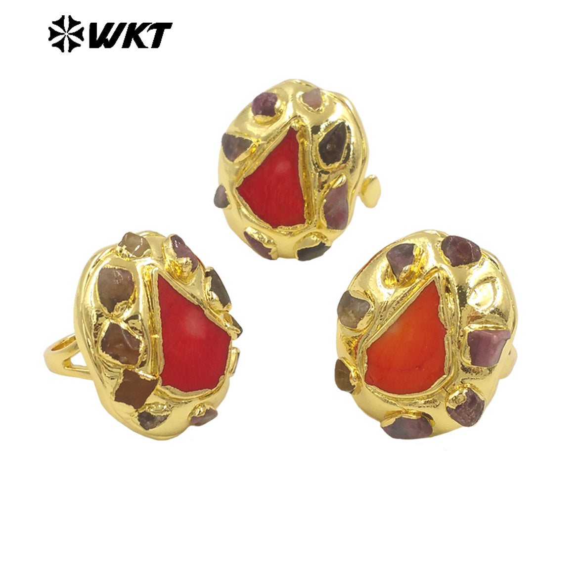 WT-MPR114 Popular 18K Gold Plated Triangle Red Coral and Tourmaline Adjustable Unisex Ring for Friends As Birthday Present