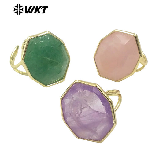WT-R516 New Spring Design Geometric Natural Hexagon Rose Quartz Amethyst Stone Made Engagement Ring