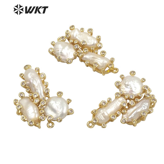 WT-JP310 Triple Irregular Freshwater Pearl Pendants Precious Micro Pave CZ Setting White Pearl Pendant for Jewelry Necklace