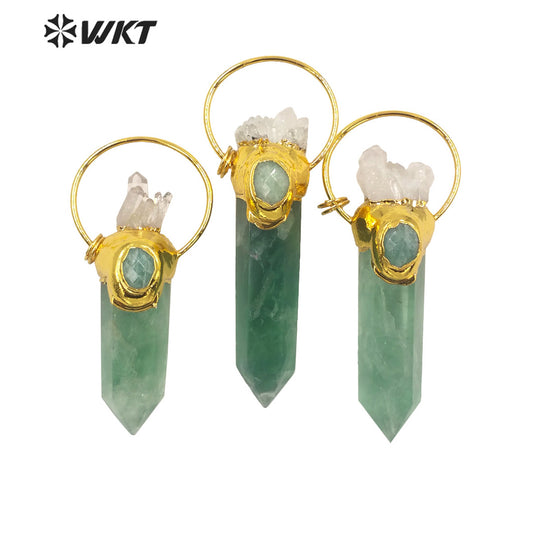 WT-P1677 Wholesale 18k Gold Plated Natural Green Aventurine Stone Pendant Women Big Gorgeous Quartz Point Pendant for Necklace