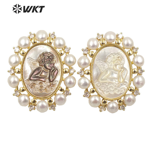 WT-JP278 New Gorgeous Fashion Gold Bezel Micro Pave CZ Setting White Pearl Angel Pendant Women Religious Christian Angel Shell
