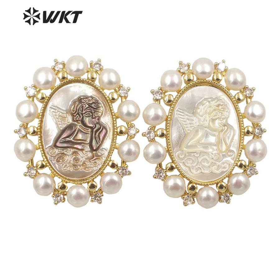 WT-JP278 New Gorgeous Fashion Gold Bezel Micro Pave CZ Setting White Pearl Angel Pendant Women Religious Christian Angel Shell