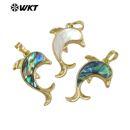 WT-JP512 Lovely Exquisite Gold Plated Natural White Shell And Abalone Dolphin Shape Tiny Pendants For Lady Earrings Making