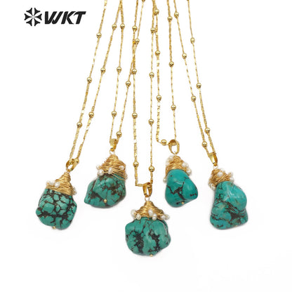 WT-N1153 Natural Turquoises Stone Necklace Howlite With Wire Wrapped Pendant White Beaded Charm Women Fashion Necklace Jewelry