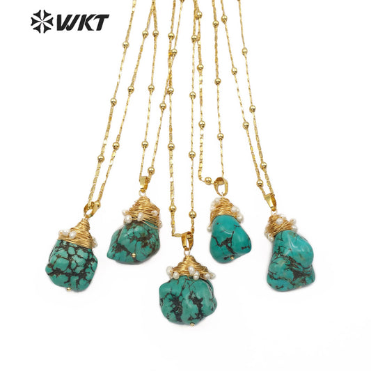 WT-N1153 Natural Turquoises Stone Necklace Howlite With Wire Wrapped Pendant White Beaded Charm Women Fashion Necklace Jewelry