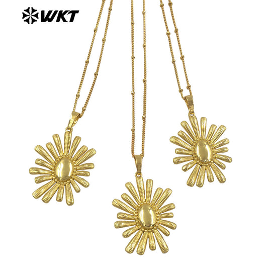 WT-N1482 WKT Wholesale Newest Fashion Gold Plated Metal Carved Resist Tarnish Flower Pendant Necklace