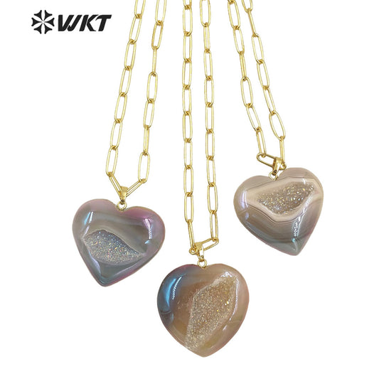 WT-N1394 Wholesale Fashion Gold Simple Grey Geode Agate Heart Stone Necklace Women Long Link Chain with Druzy Stone for Lover