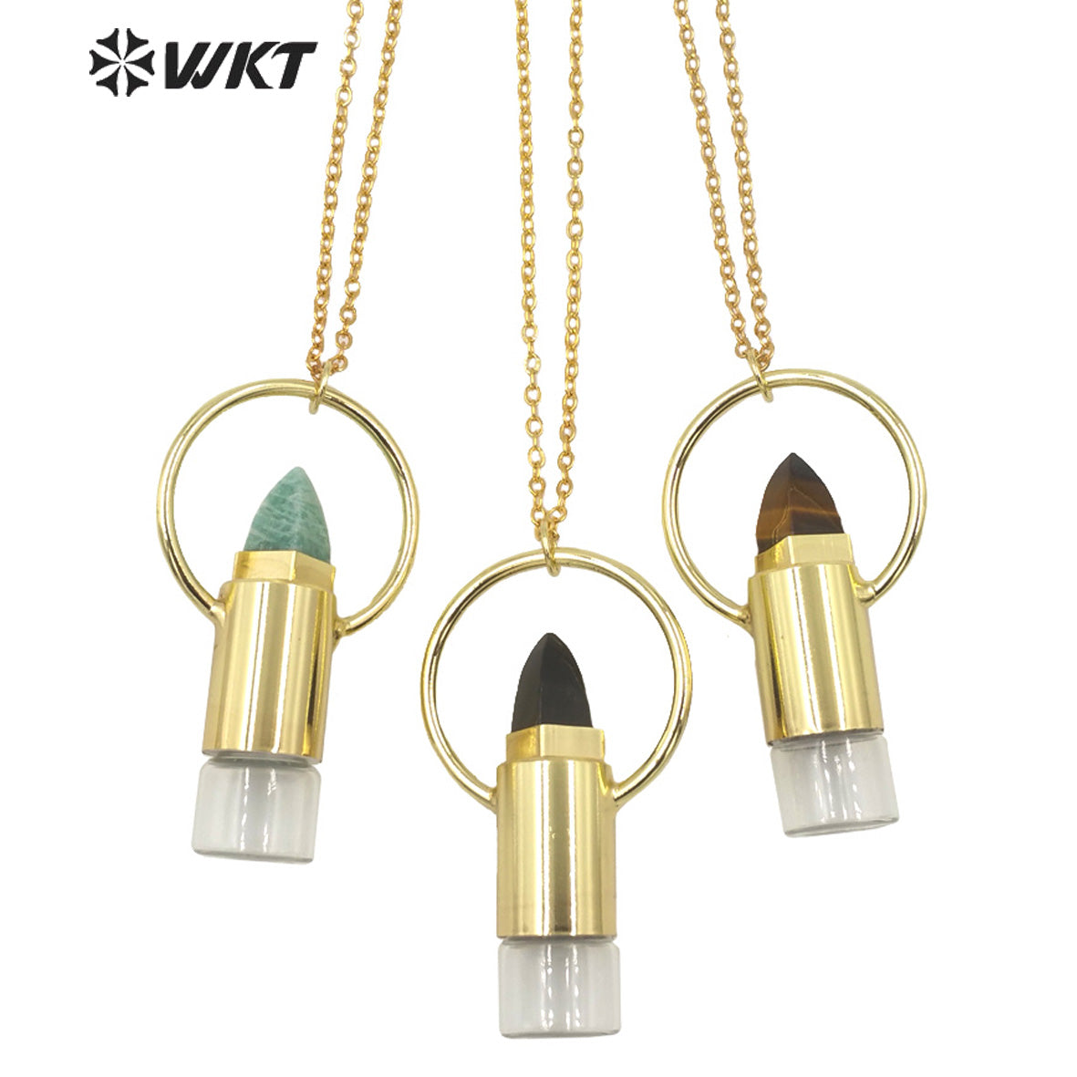 WT-N1295 WKT Women Bohemian Style Gold Plated Roll Gemstone Perfume Bottle Necklace Big Healing Stone Quartz Perfume Bottle