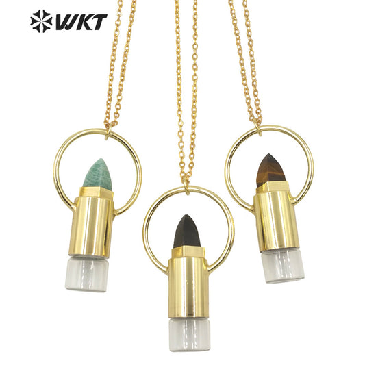 WT-N1295 WKT Women Bohemian Style Gold Plated Roll Gemstone Perfume Bottle Necklace Big Healing Stone Quartz Perfume Bottle