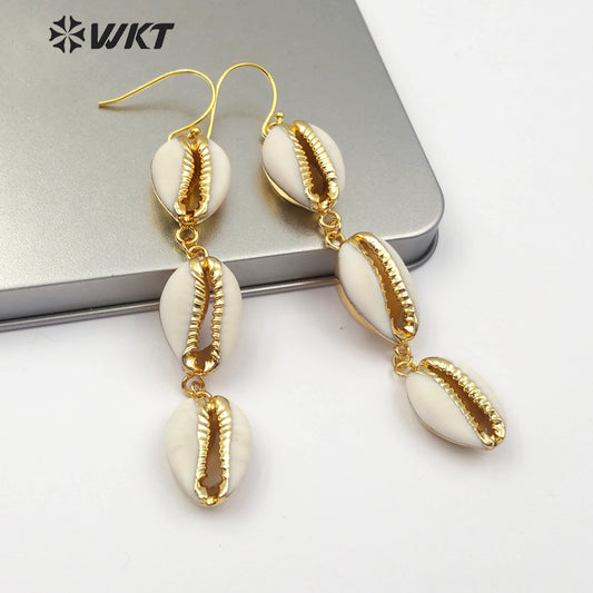 WT-E519 New Design Shell Jewelry Long Earrings With 18K Gold Full and Half Plating Options Shell Earring Natural Cowrie Earring