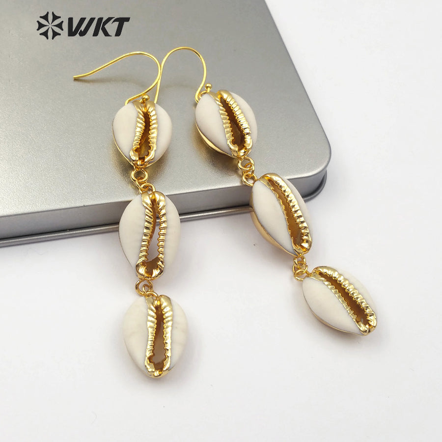 WT-E519 New Design Shell Jewelry Long Earrings With 18K Gold Full and Half Plating Options Shell Earring Natural Cowrie Earring