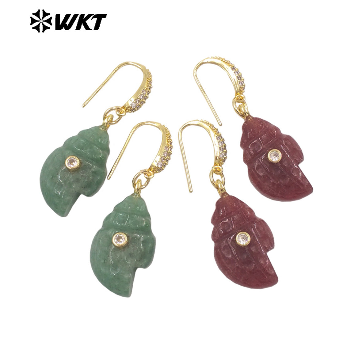 WT-E828 New Product Zircon And Various Natural Gemstones Conch Shape Gold Earrings For Girls Summer Beach Wearing Accessory