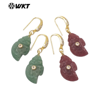 WT-E828 New Product Zircon And Various Natural Gemstones Conch Shape Gold Earrings For Girls Summer Beach Wearing Accessory