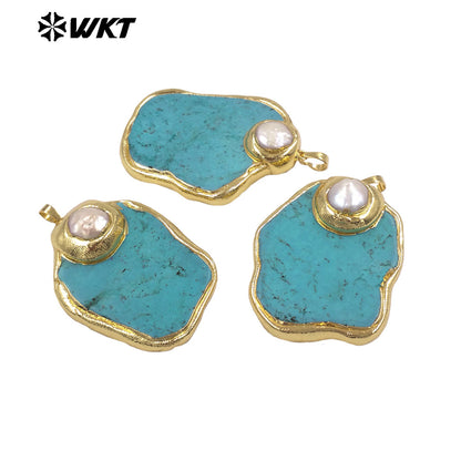 WT-JP517 Good Quality 18K Gold Electroplated Natural Pearl And Irregular Turquoise Stone Pendant For Women Handmade Jewelry DIY