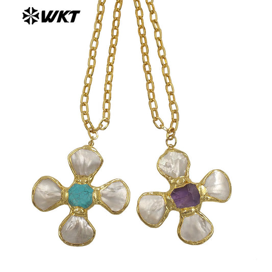 WT-JN346 Popular 18K Gold Plated Natural Turquoise Amethyst Stones And Shell Flower Shape Pendant Necklace As Party Jewelry