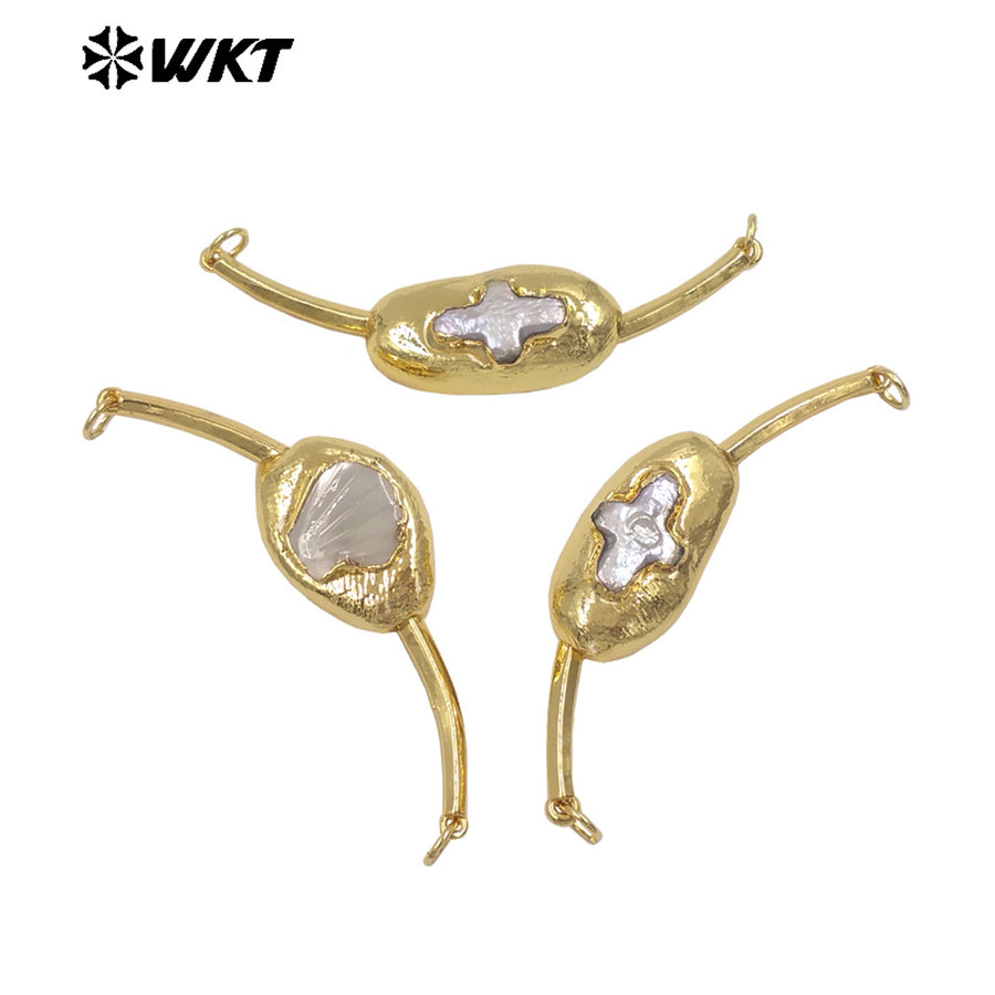 WT-PC016 Newest Luxury Double Hoops Gold Electroplated Natural Freshwater Pearl Connectors For Lady Fashion Bracelet DIY