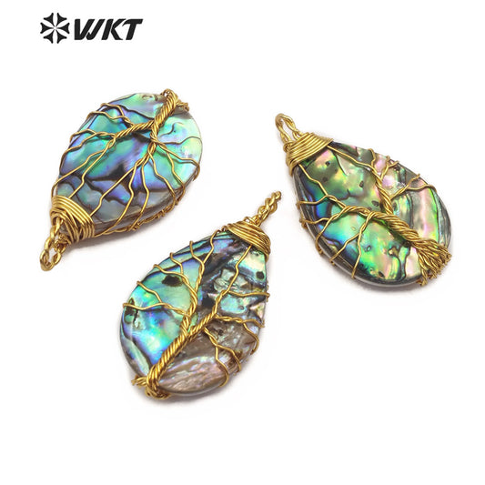 WT-JP147 Hot Sales Hand Make Wire Wrap Teardrop Abalone Shell Pendant Popular Drop Abalone Pendant